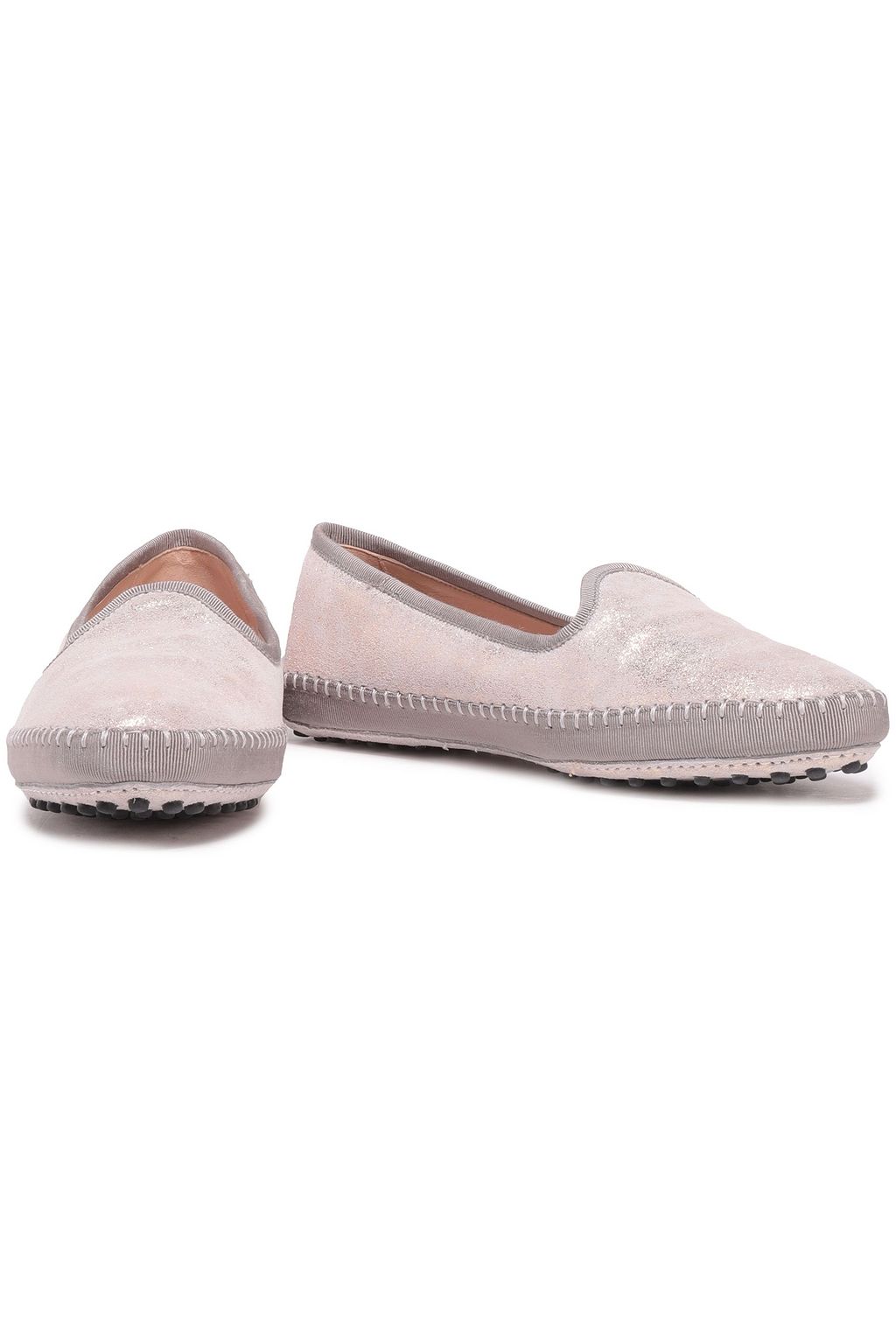TOD'S Grosgrain-trimmed metallic suede slippers
