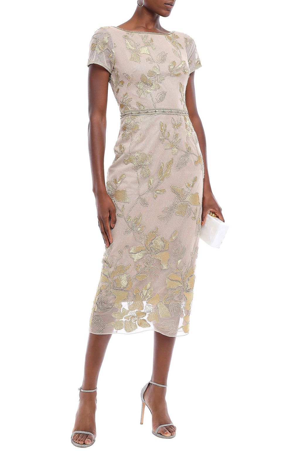 MARCHESA NOTTE Embellished embroidered tulle midi dress