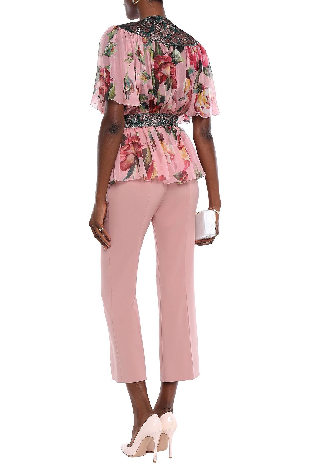 DOLCE&GABBANA Pussy-bow jacquard-paneled silk-blend chiffon peplum blouse