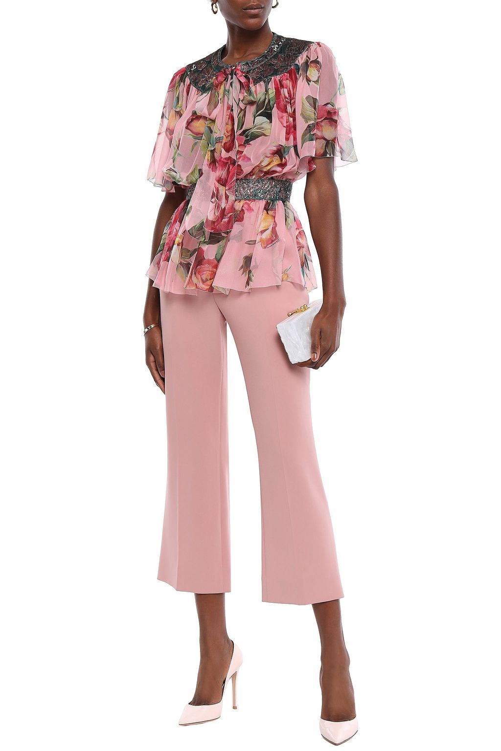 DOLCE&GABBANA Pussy-bow jacquard-paneled silk-blend chiffon peplum blouse