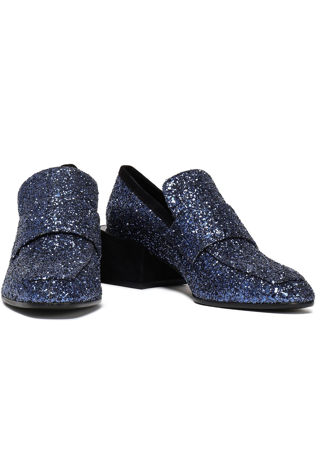 STUART WEITZMAN Suede-trimmed glittered leather loafers