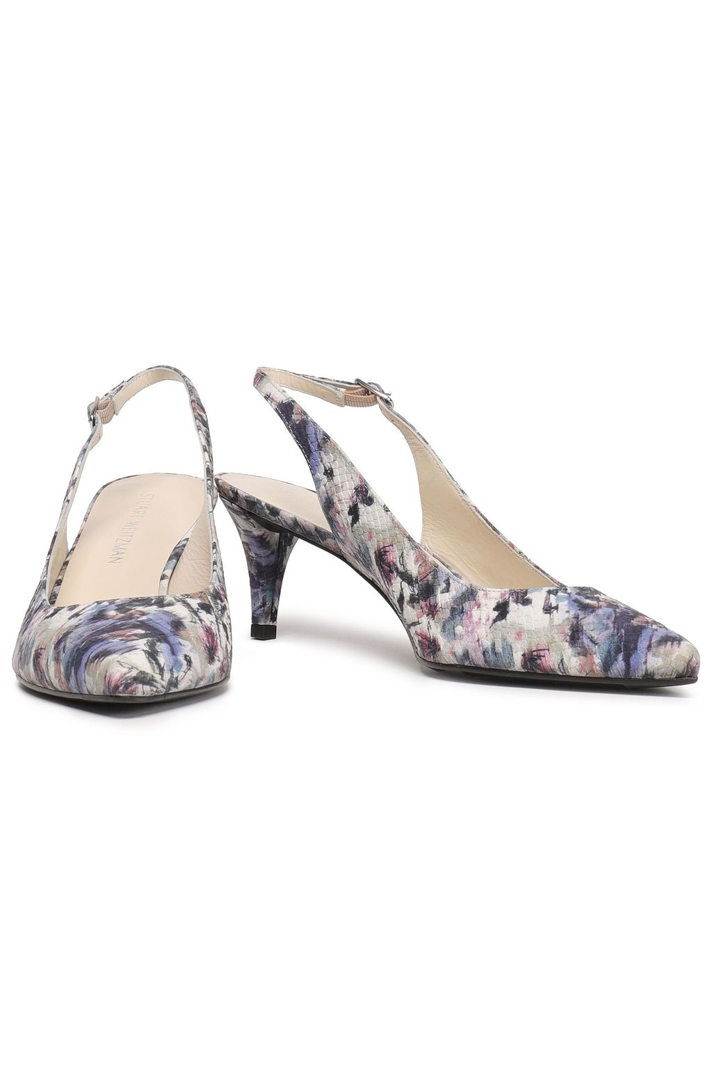STUART WEITZMAN Printed snake-effect leather slingback pumps