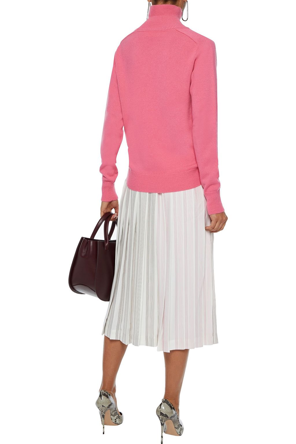 VICTORIA BECKHAM Pleated button-detailed striped silk-crepe midi skirt