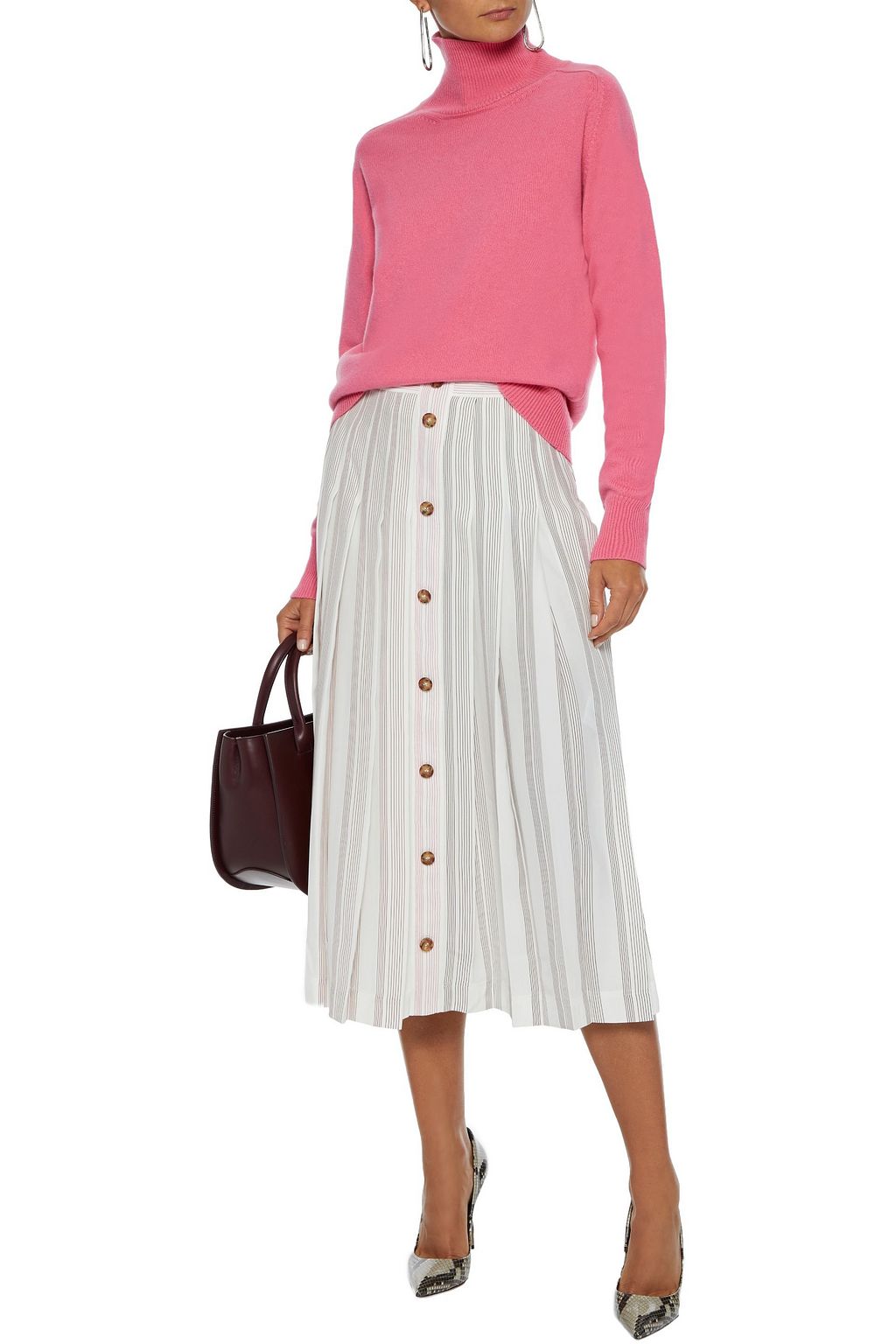 VICTORIA BECKHAM Pleated button-detailed striped silk-crepe midi skirt