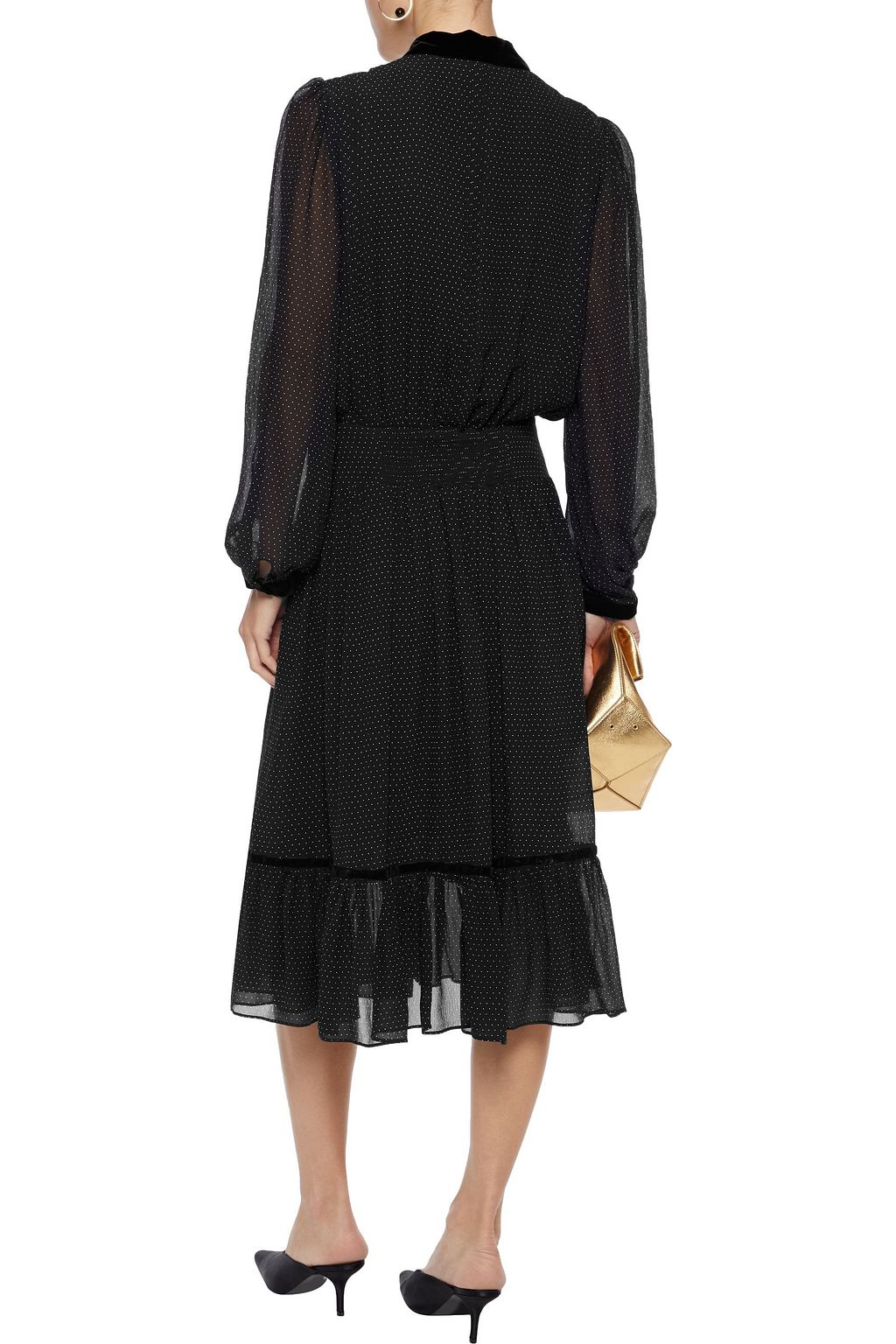 FRAME Velvet-trimmed polka-dot silk-georgette dress