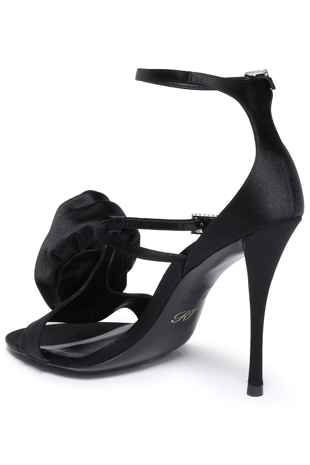 ROGER VIVIER صندل من الساتان مزين بالكريستال مع تصميمات من الورود المخيطة
