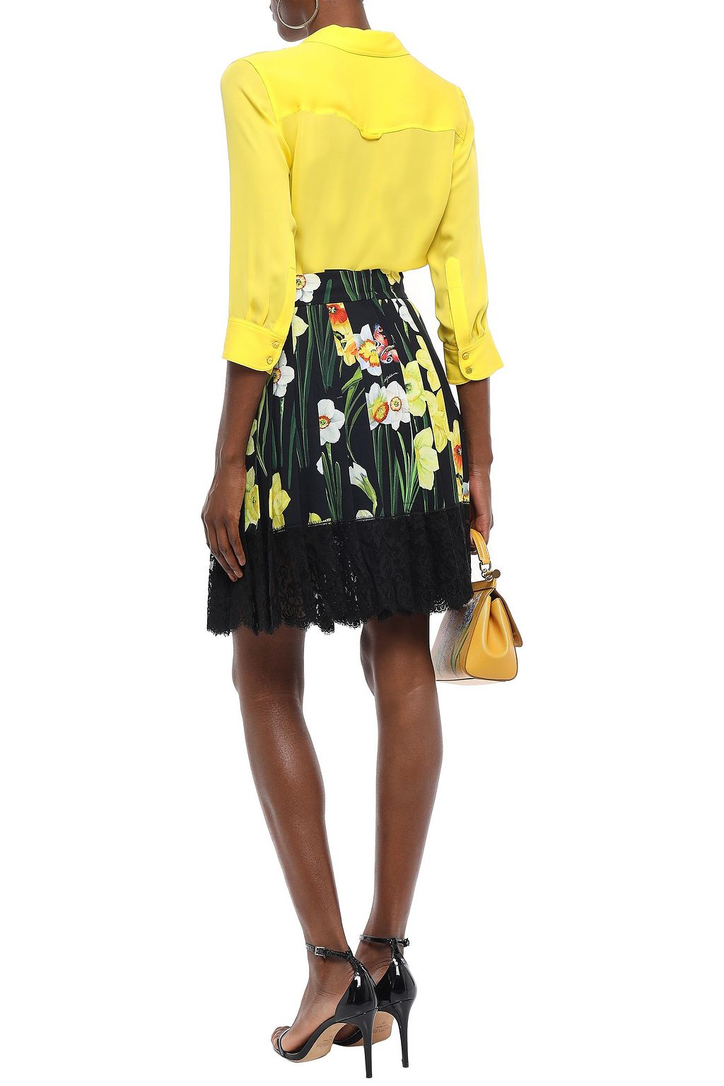 DOLCE&GABBANA Lace-trimmed pleated printed crepe mini skirt