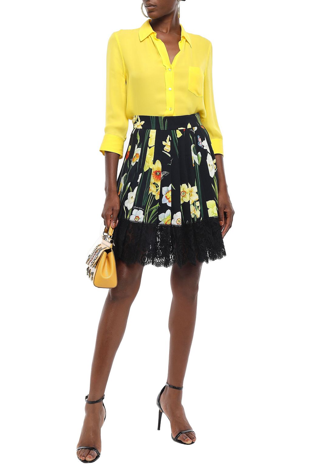 DOLCE&GABBANA Lace-trimmed pleated printed crepe mini skirt