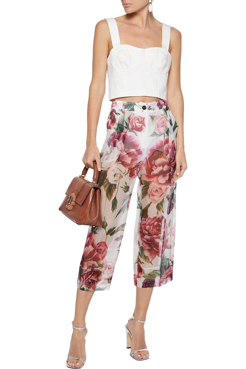 DOLCE&GABBANA Cropped floral-print silk-chiffon straight-leg pants
