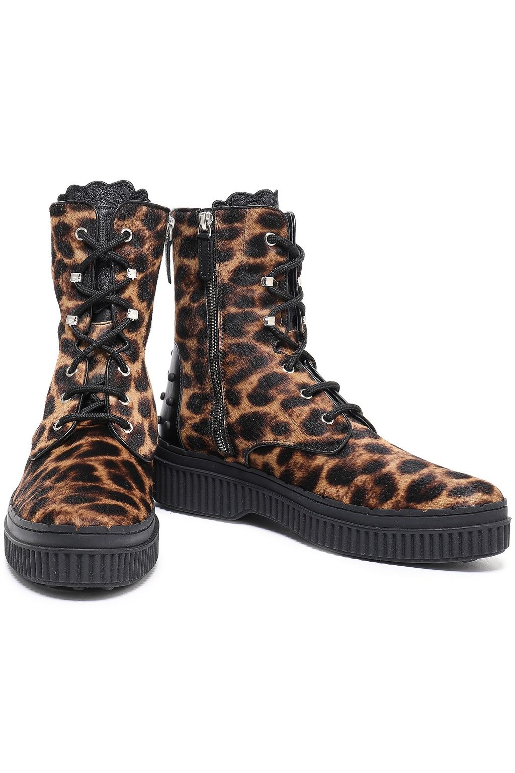 TOD'S Lace-up leopard-print calf hair ankle boots