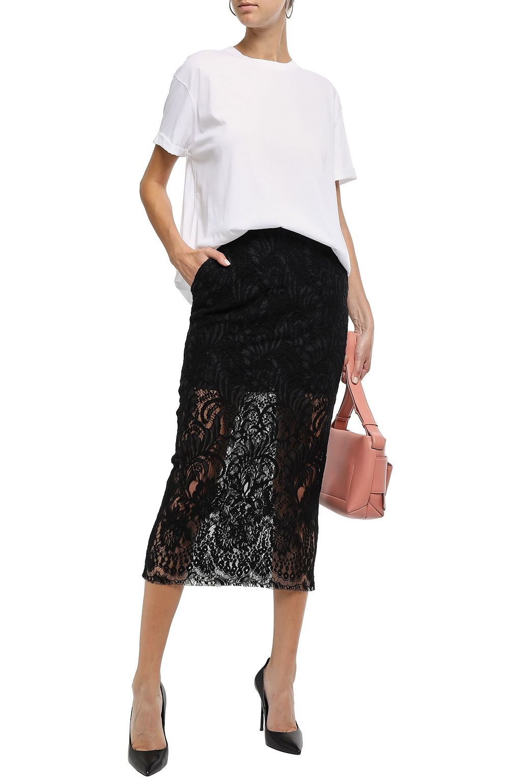 STELLA MCCARTNEY Wool-blend Leavers lace midi pencil skirt