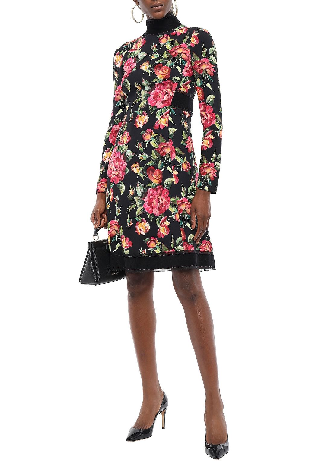 DOLCE&GABBANA Velvet-trimmed floral-print crepe turtleneck dress
