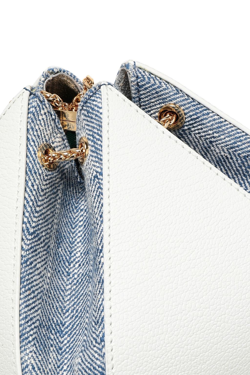 THE VOLON Feather-embellished textured-leather and denim clutch