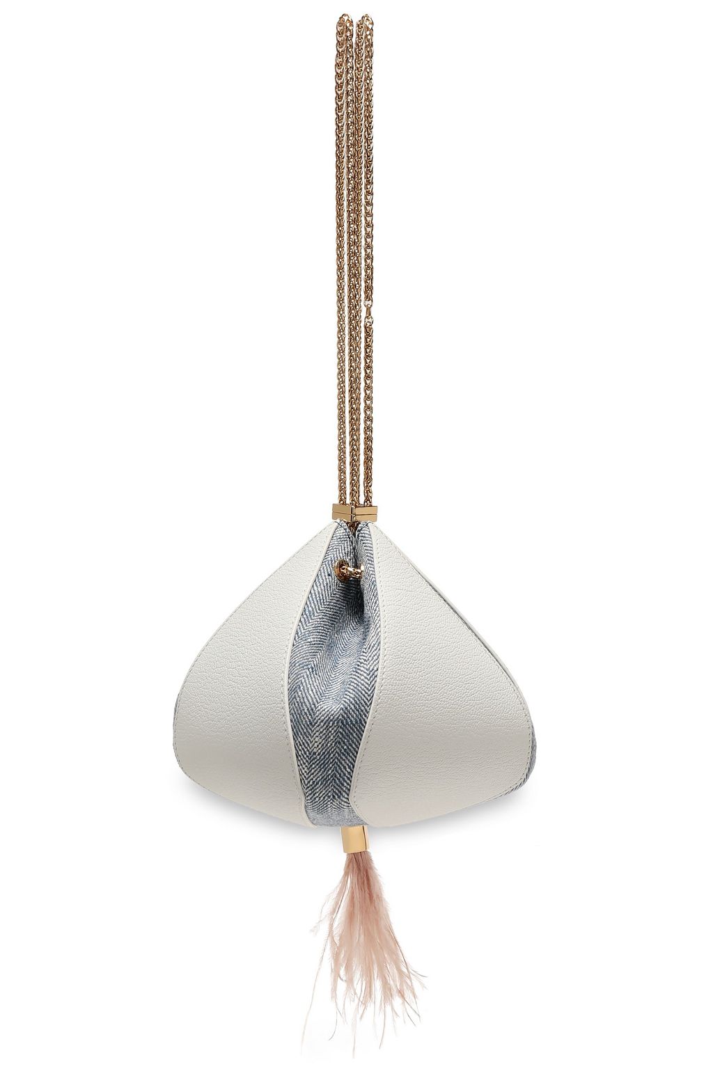 THE VOLON Feather-embellished textured-leather and denim clutch