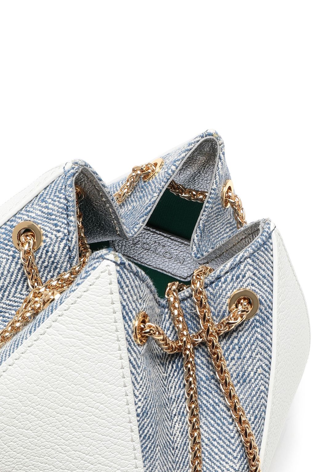 THE VOLON Feather-embellished textured-leather and denim clutch