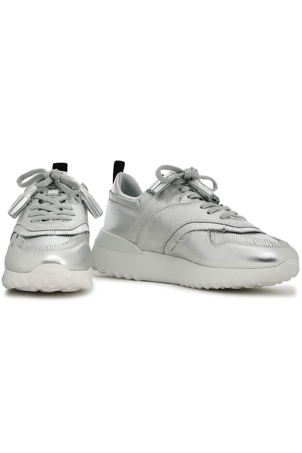 TOD'S Fringe-trimmed metallic leather sneakers
