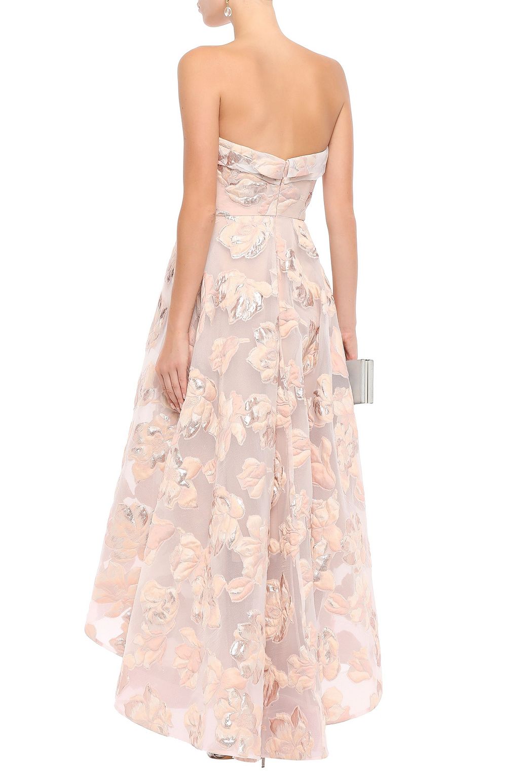 MARCHESA NOTTE Strapless asymmetric metallic fil coupé gown