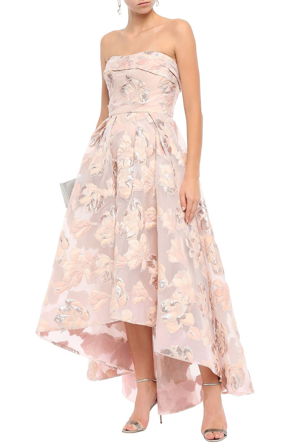MARCHESA NOTTE Strapless asymmetric metallic fil coupé gown
