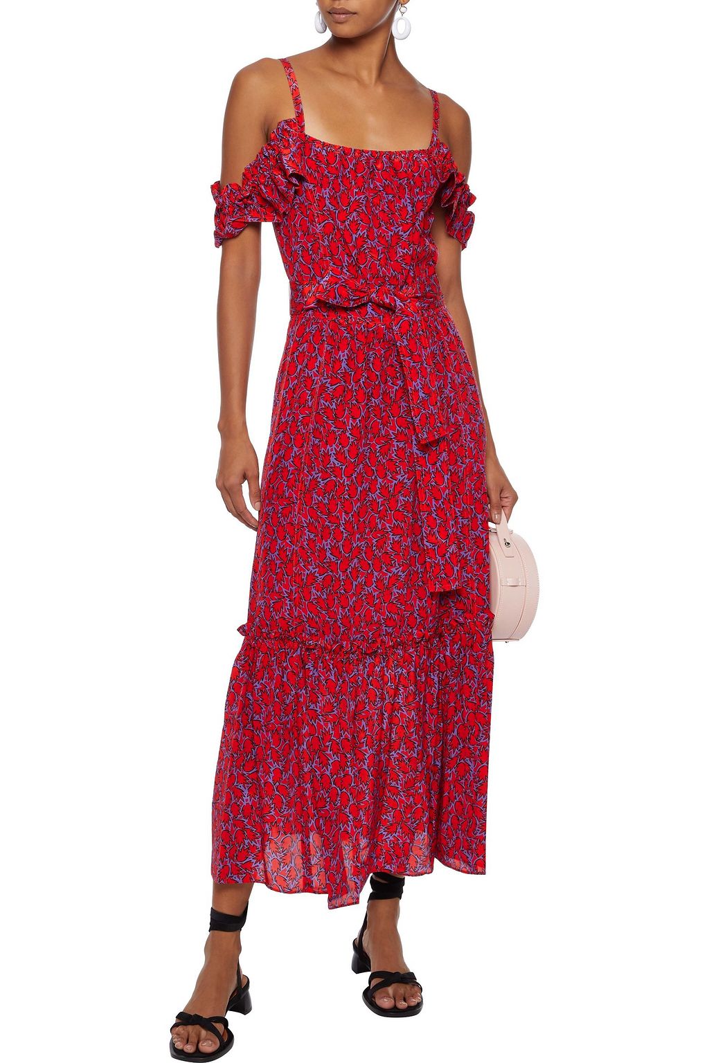 DEREK LAM 10 CROSBY Cold-shoulder belted printed silk-blend midi dress