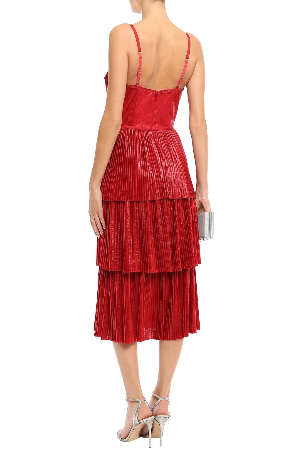 MARCHESA NOTTE 메탈릭 플리세 저지 티어드 미디 드레스