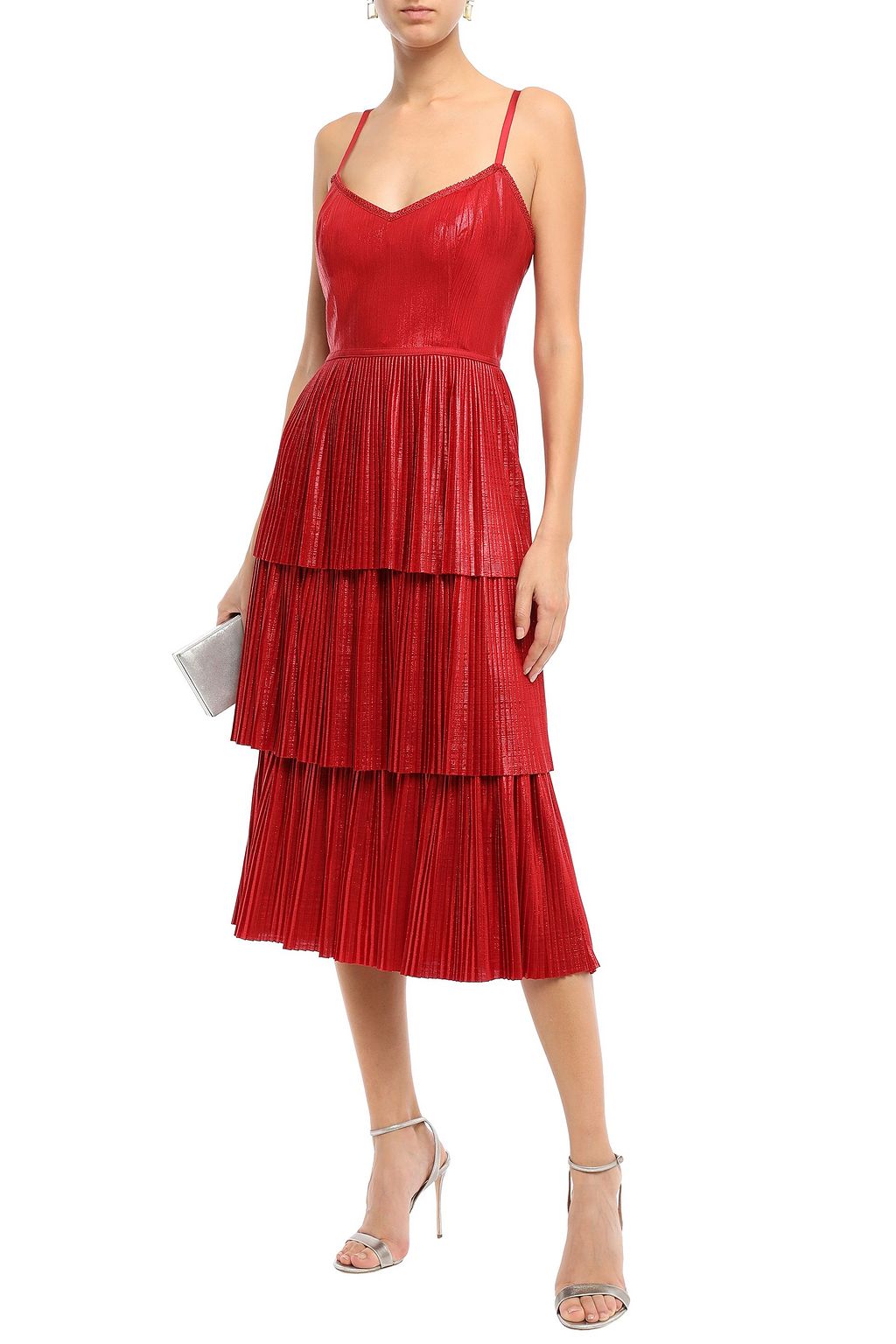 MARCHESA NOTTE 메탈릭 플리세 저지 티어드 미디 드레스