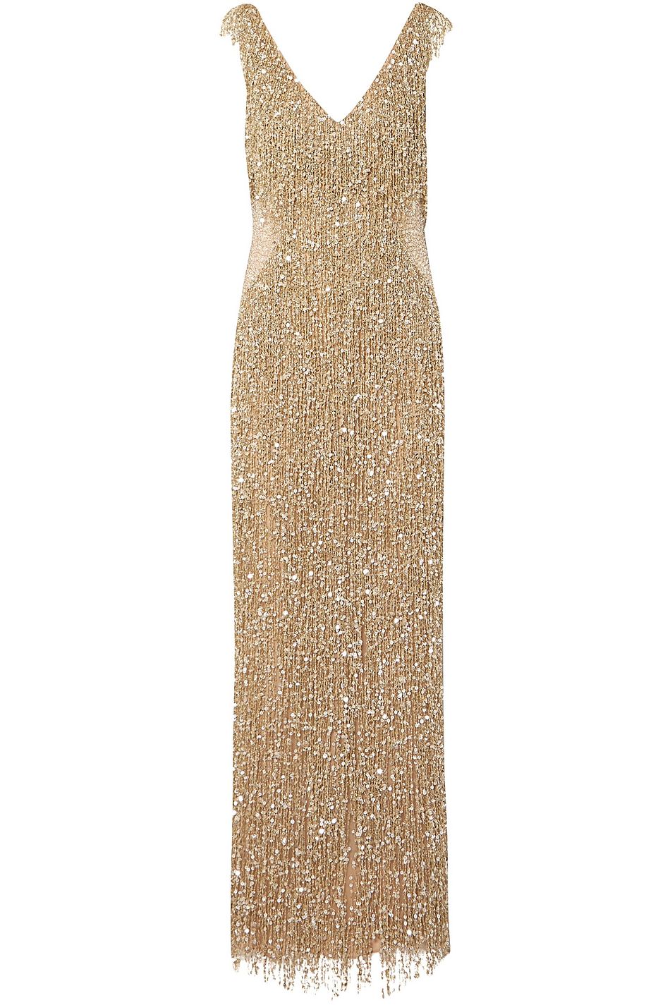 Gold Fringed Crystal Embellished Sequined Tulle Gown Up To Crystal Embellished Sequined Tulle Gown