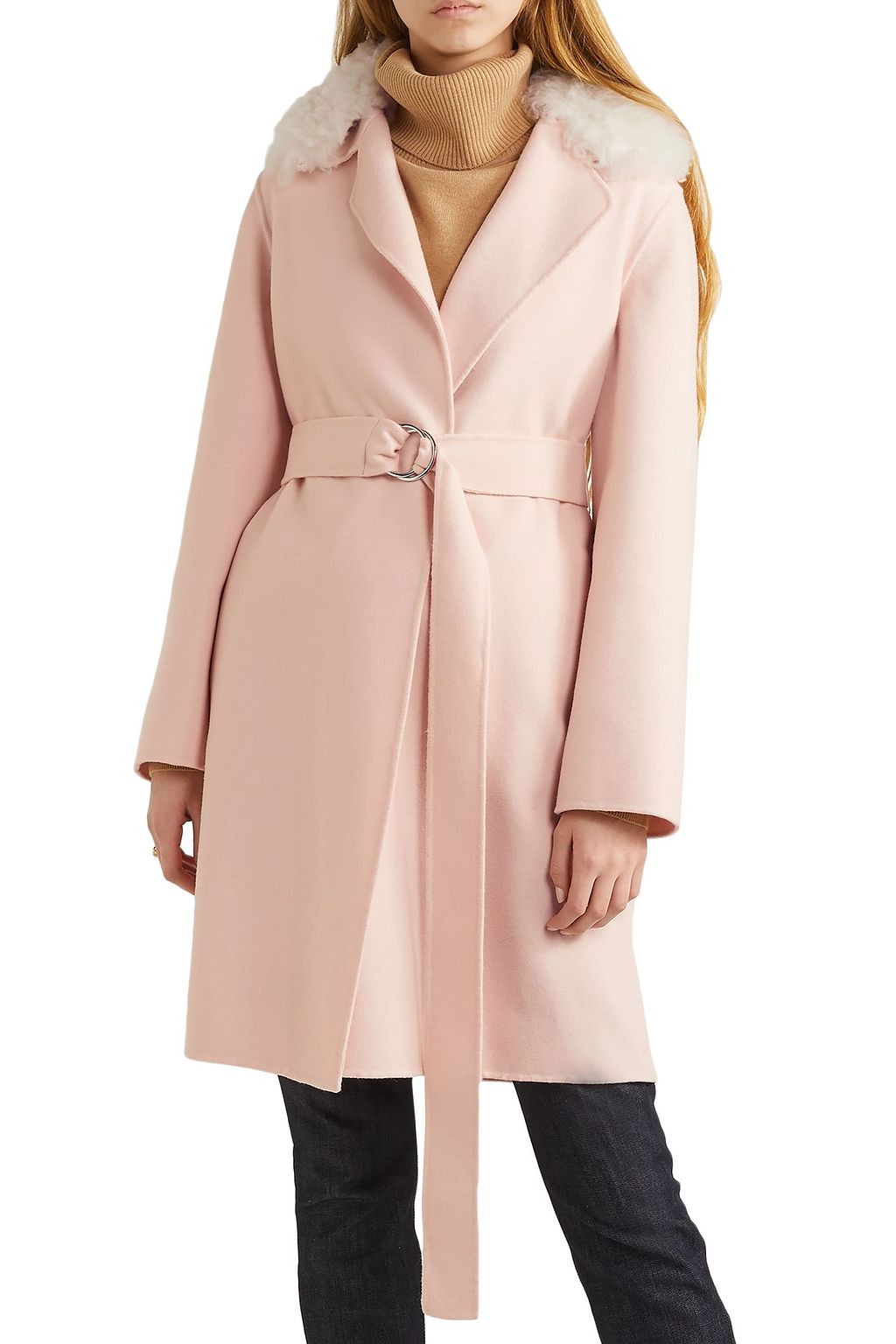 YVES SALOMON Shearling-trimmed belted wool and cotton-blend coat