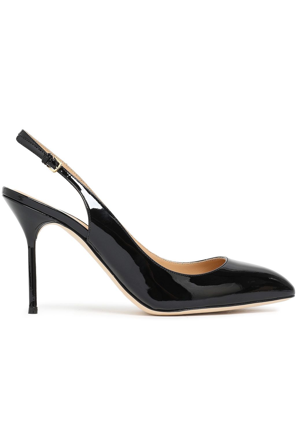 black patent leather slingback pumps