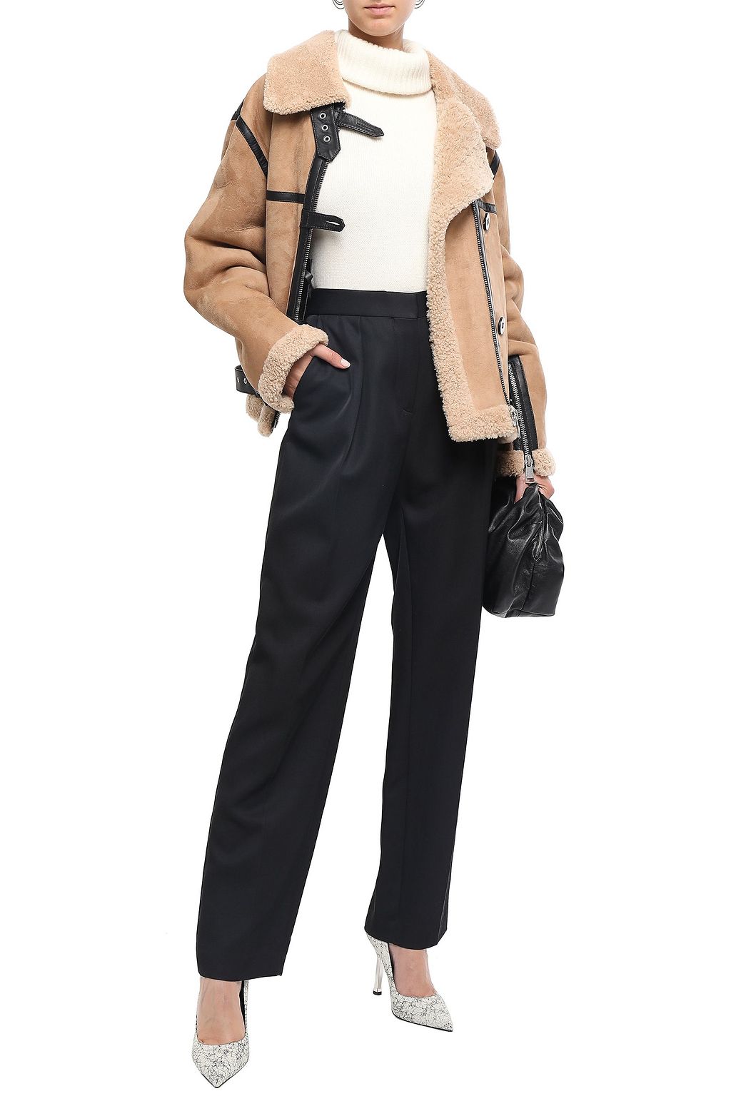 VICTORIA, VICTORIA BECKHAM Leather-trimmed shearling jacket