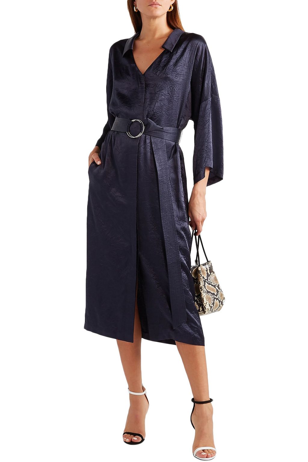 LAPOINTE Belted crushed satin-twill midi dress