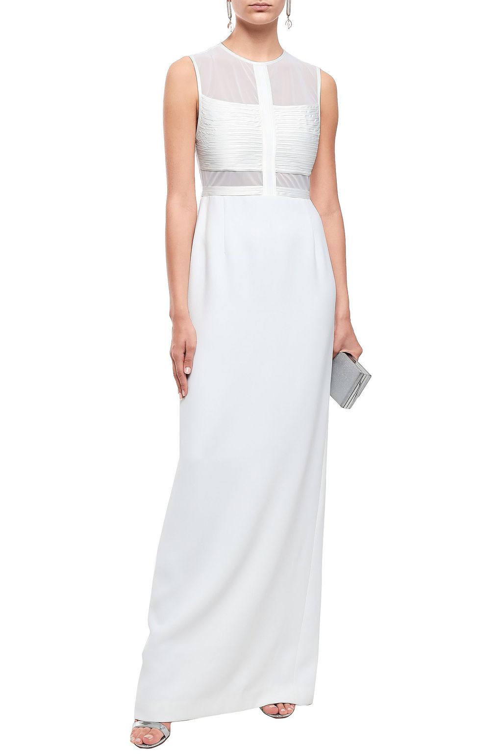 HALSTON HERITAGE Paneled mesh and satin-crepe gown