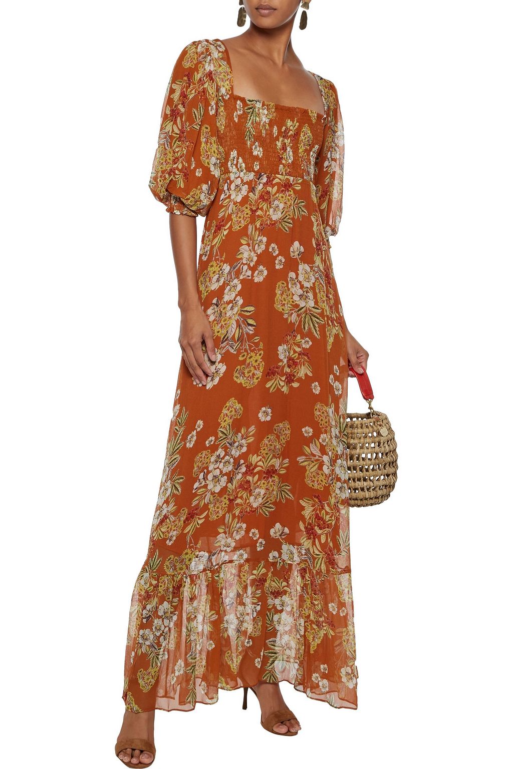 NICHOLAS Shirred floral-print silk-georgette maxi dress