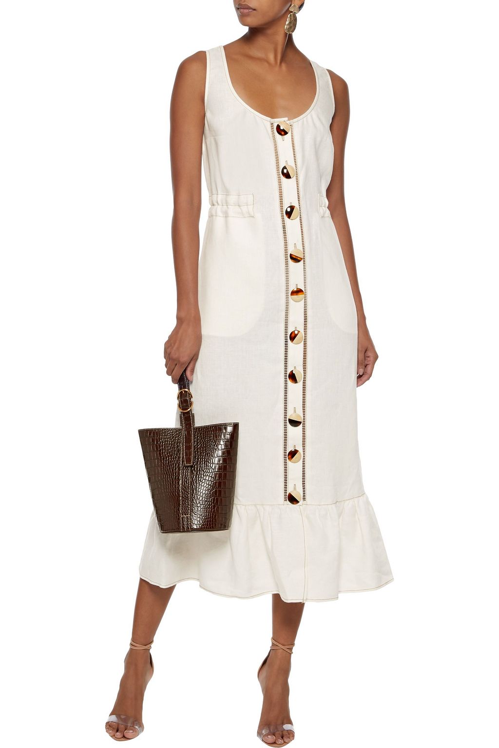 NICHOLAS Ruffle-trimmed button-detailed linen midi dress