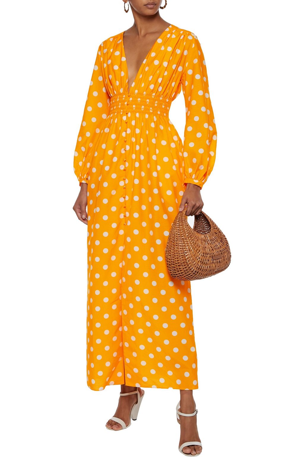 NICHOLAS Shirred polka-dot cotton and silk-blend maxi dress