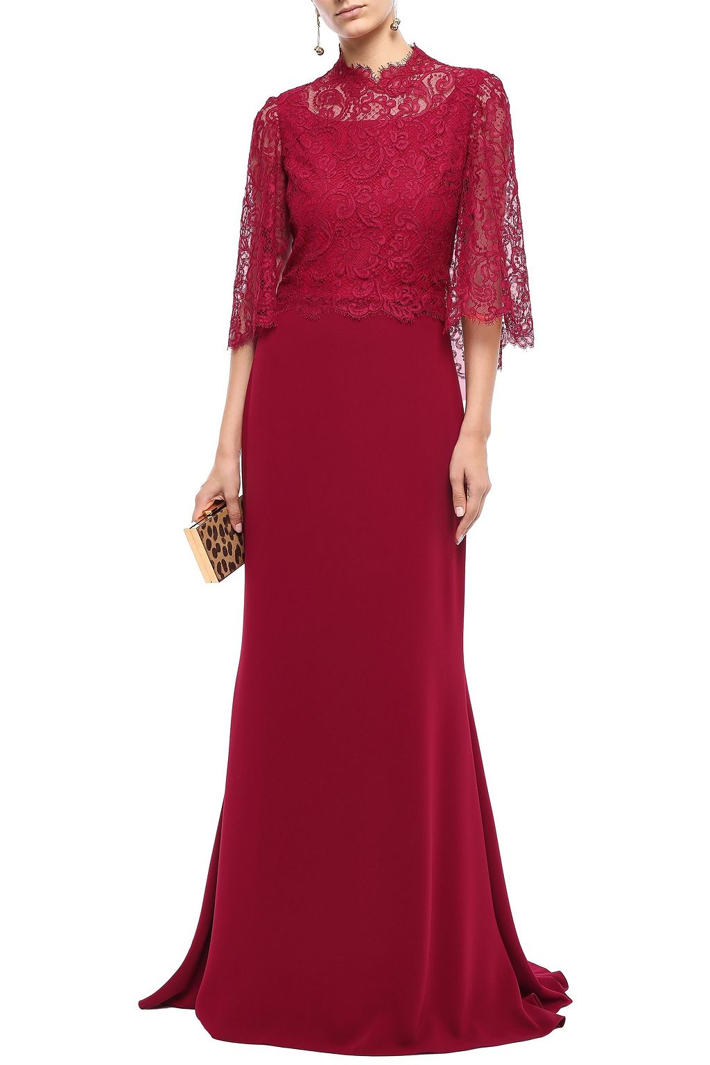 REEM ACRA Layered lace and crepe gown