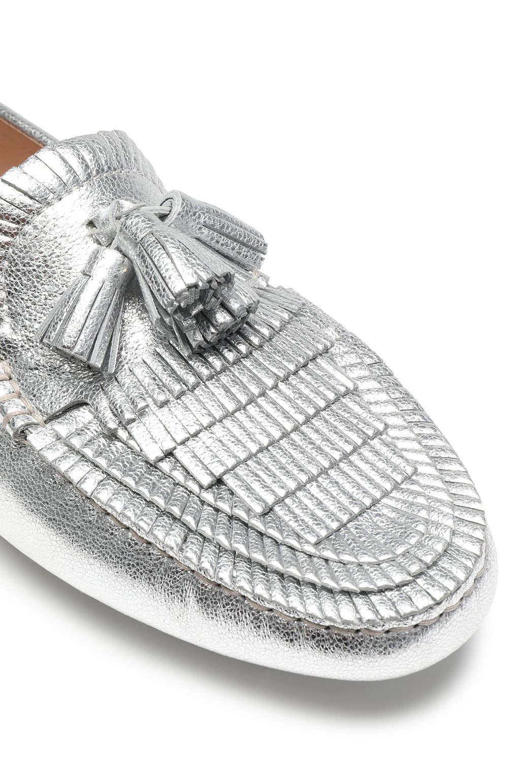 TOD'S Gommino fringed metallic textured-leather loafers