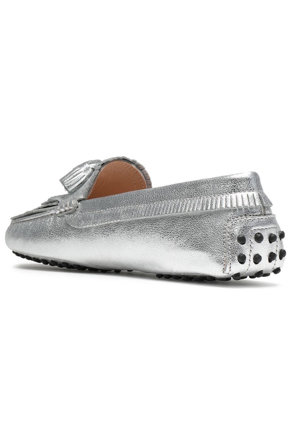 TOD'S Gommino fringed metallic textured-leather loafers