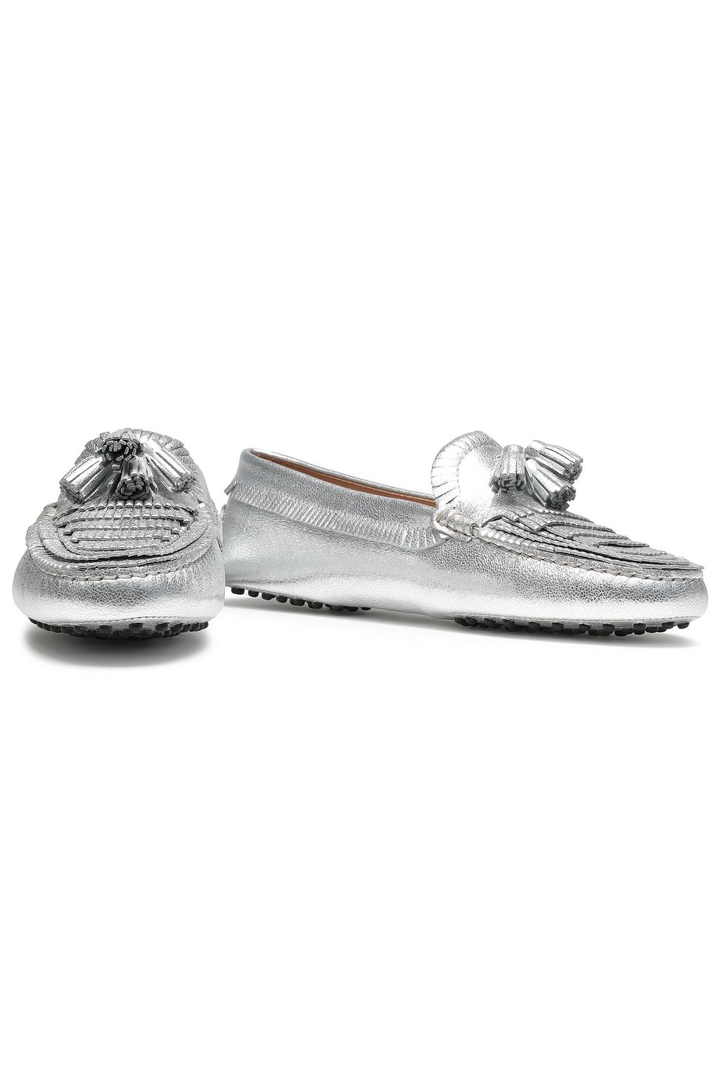 TOD'S Gommino fringed metallic textured-leather loafers