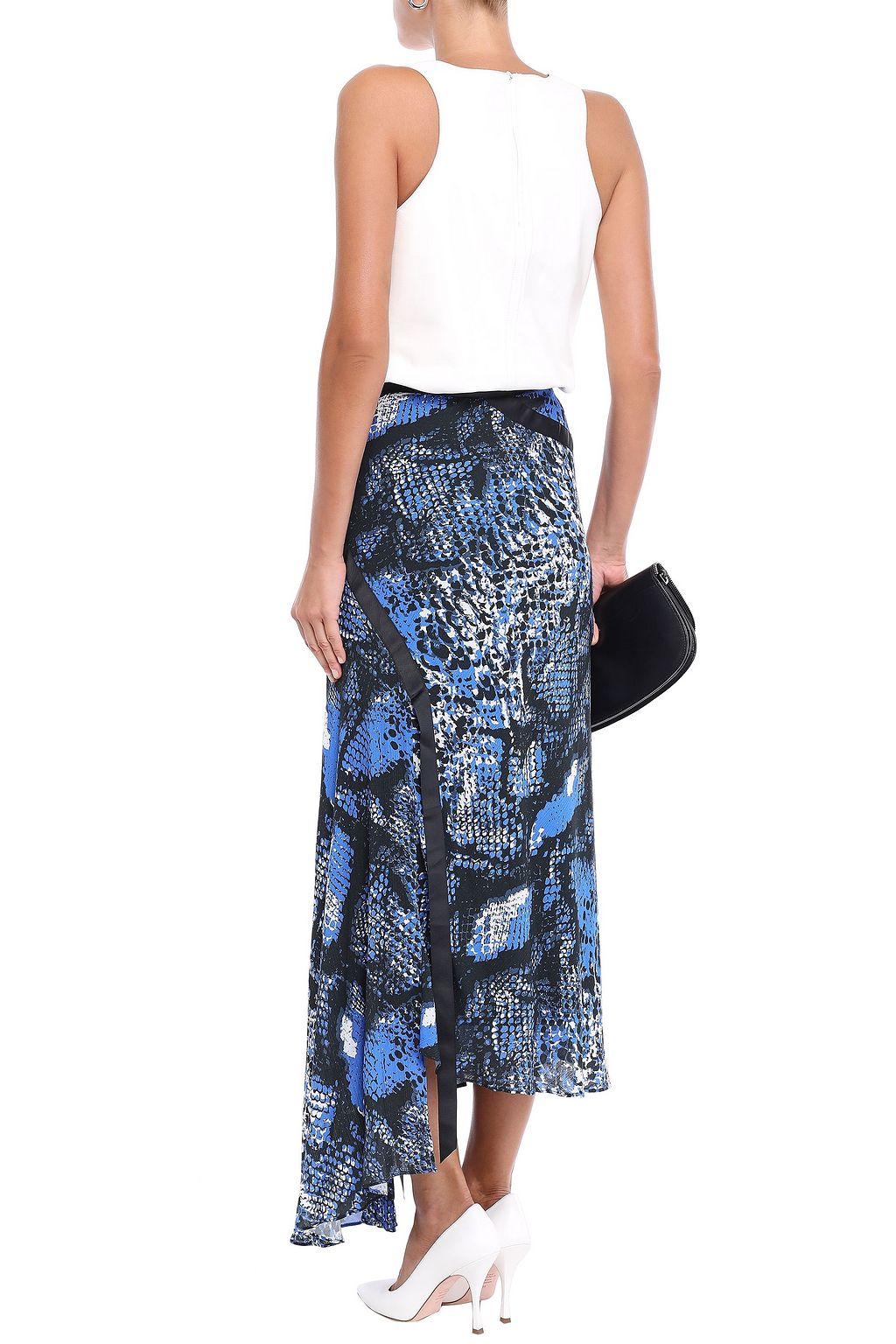 HOUSE OF HOLLAND Asymmetric grosgrain-trimmed snake-print gauze midi skirt