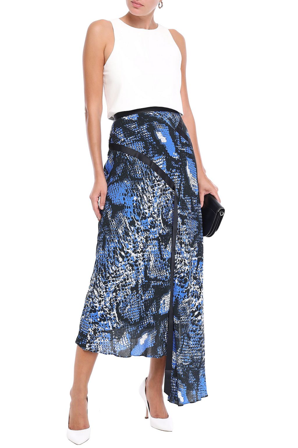 HOUSE OF HOLLAND Asymmetric grosgrain-trimmed snake-print gauze midi skirt