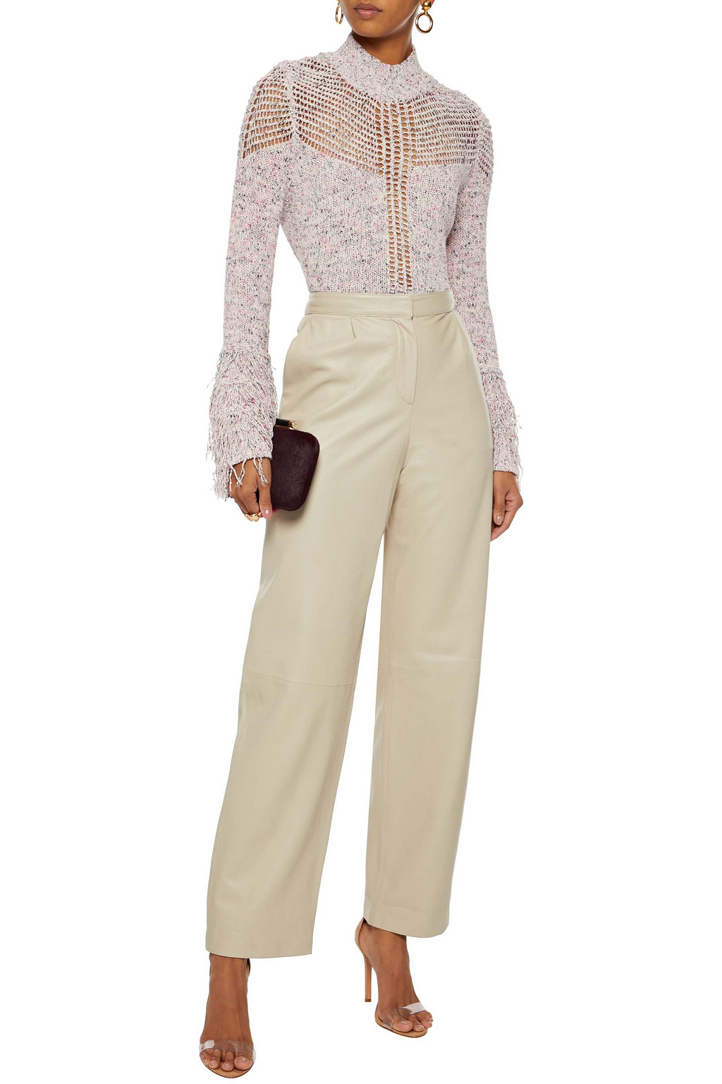 CUSHNIE Fringed open knit-paneled marled cotton-blend sweater