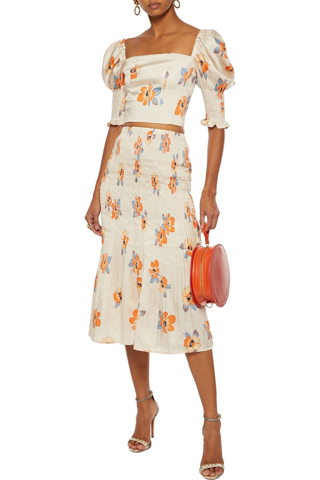 NICHOLAS Shirred floral-print satin-twill midi skirt