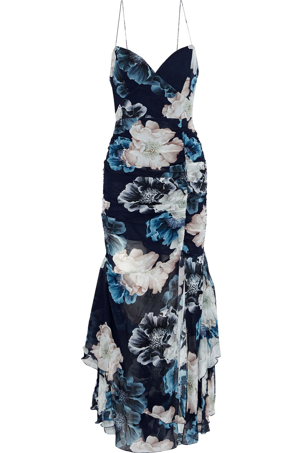 Nicholas Woman Split-front Ruched Floral-print Silk-chiffon Gown Navy Size 0