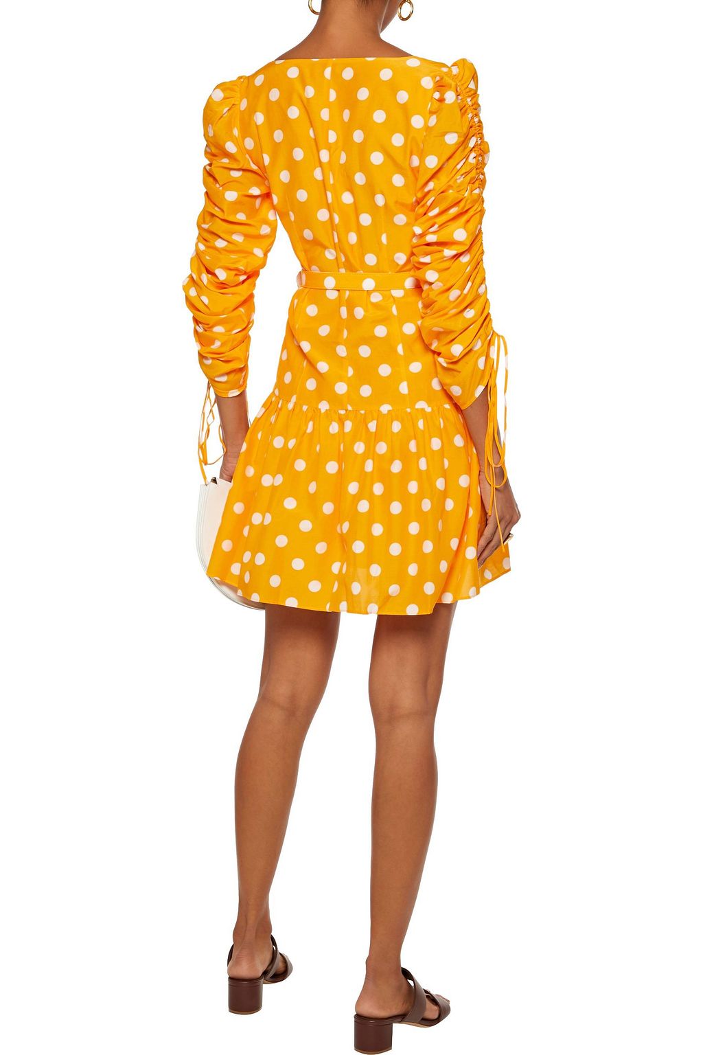 NICHOLAS Belted ruched polka-dot cotton and silk-blend mini dress