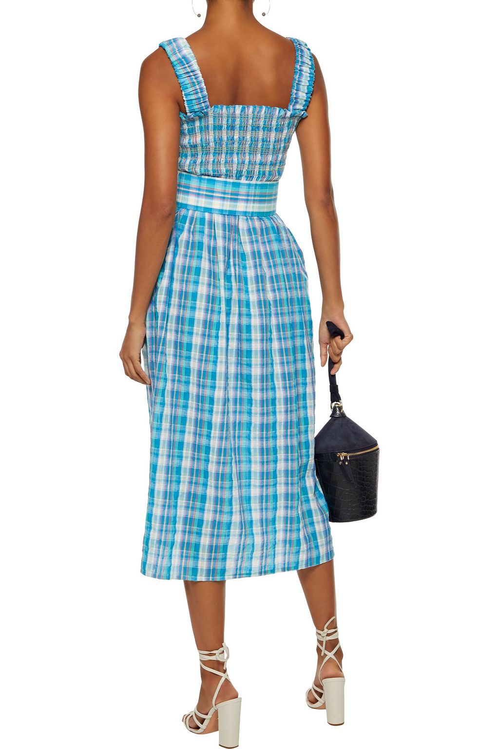 NICHOLAS Belted shirred checked crinkled-cotton midi dress