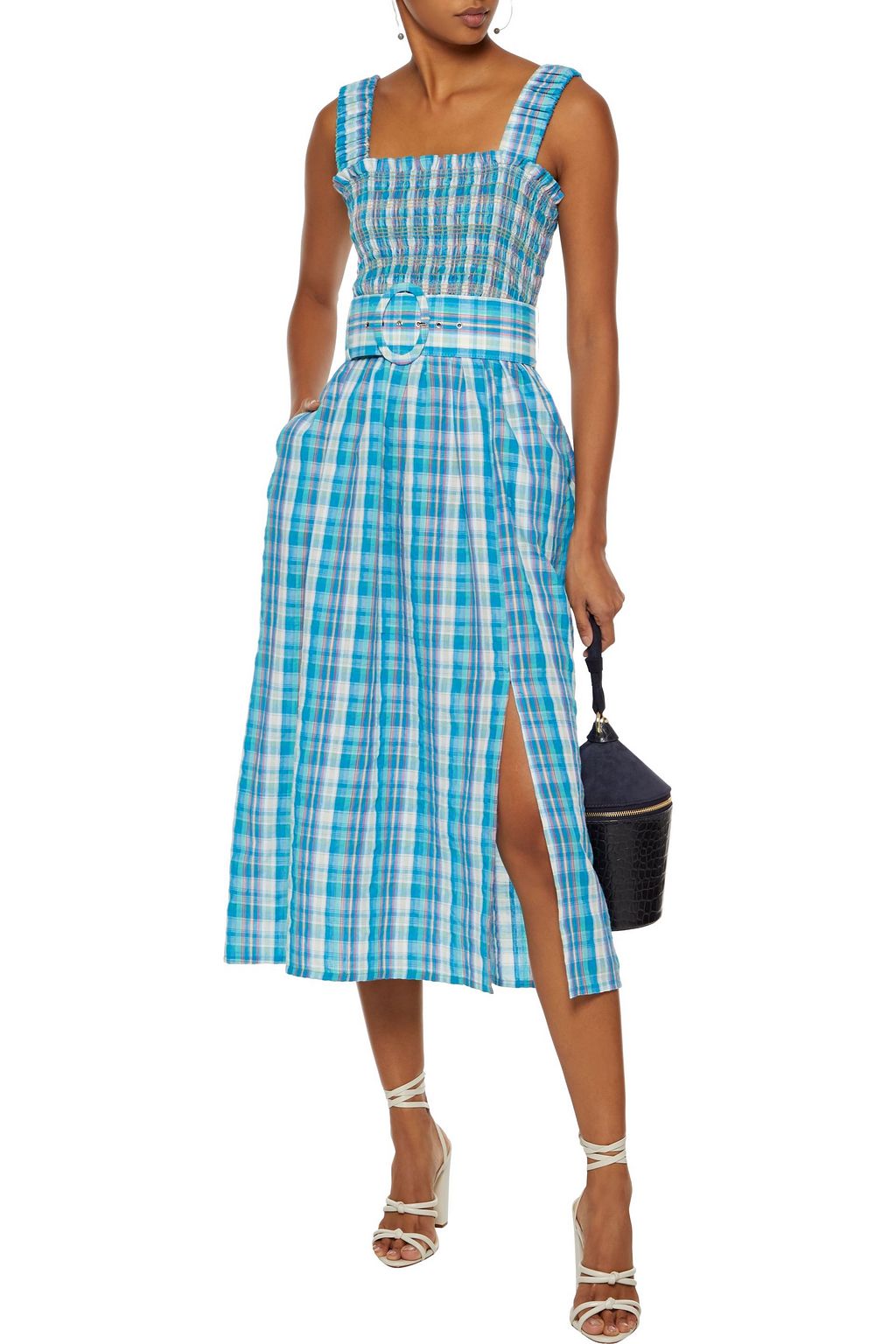 NICHOLAS Belted shirred checked crinkled-cotton midi dress