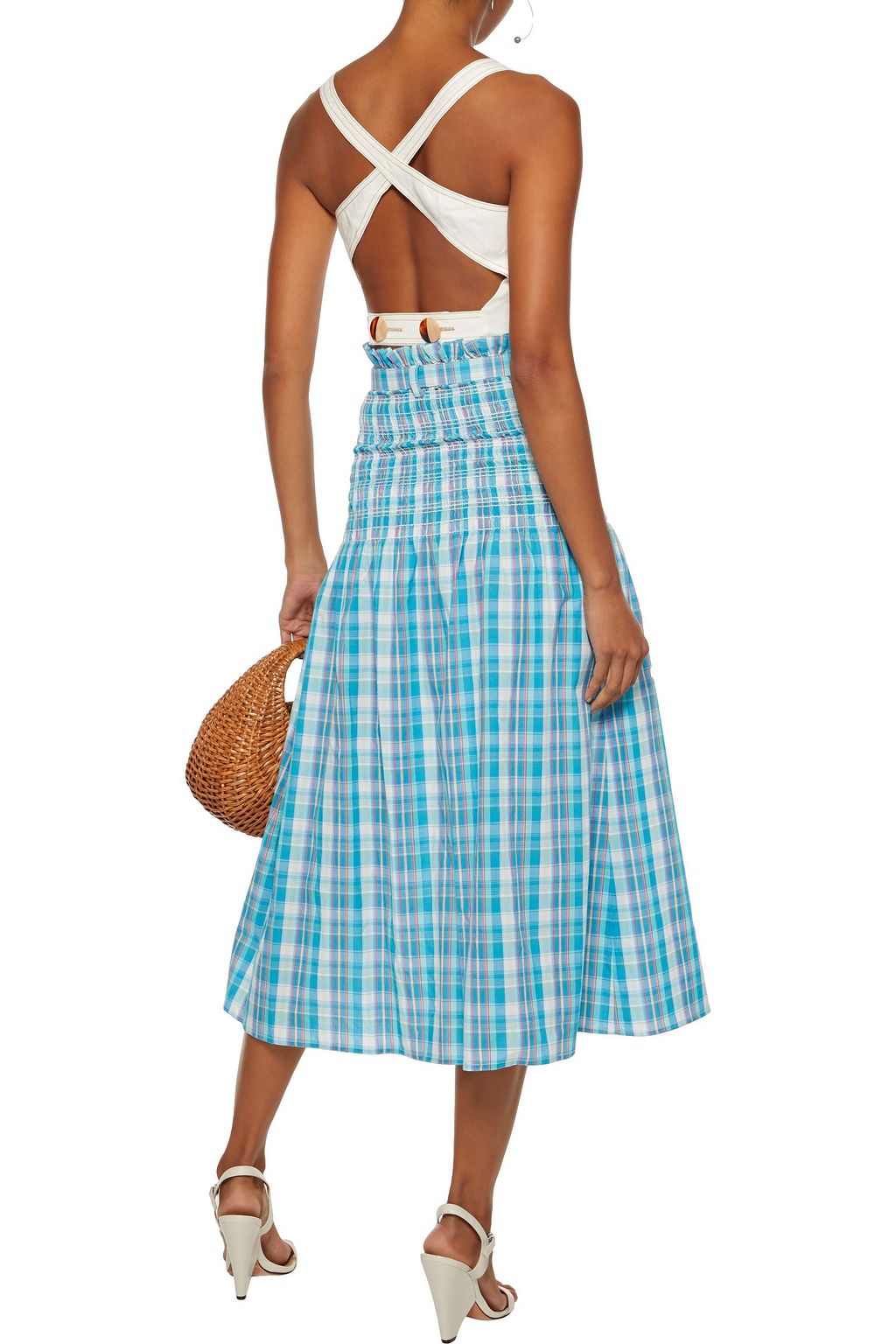 NICHOLAS Belted shirred checked crinkled-cotton midi skirt