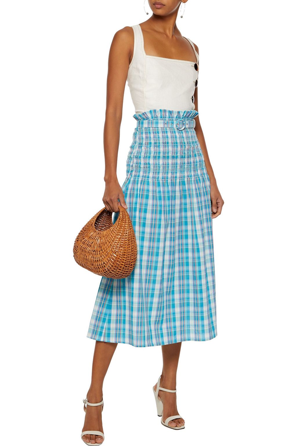 NICHOLAS Belted shirred checked crinkled-cotton midi skirt
