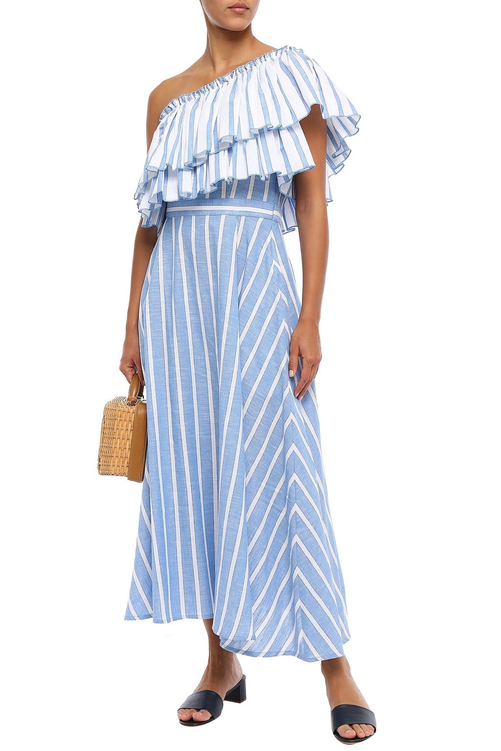 GÜL HÜRGEL One-shoulder ruffled striped cotton-gauze midi dress
