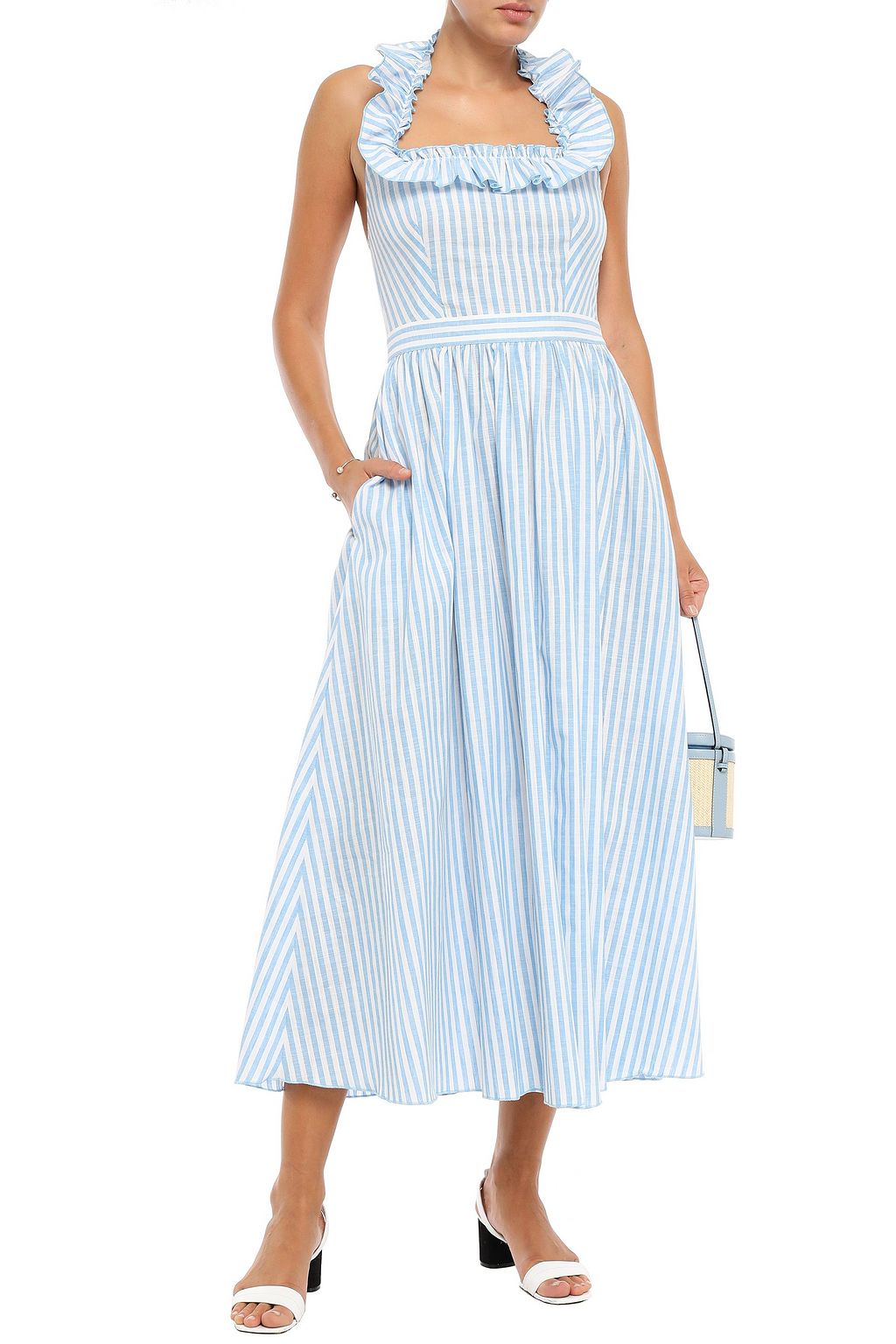 GÜL HÜRGEL Ruffled striped cotton and linen-blend gauze halterneck midi dress